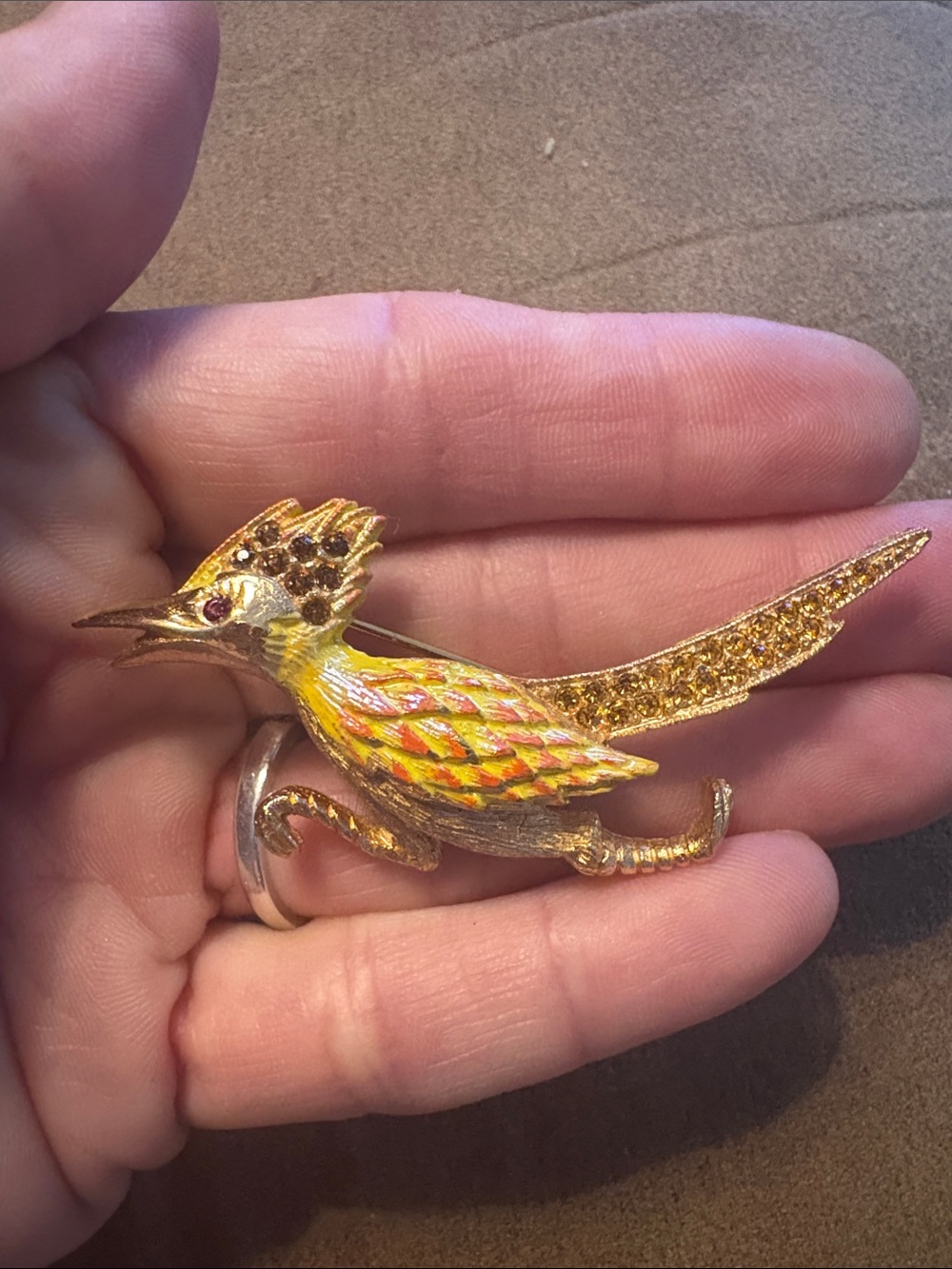Vintage Gold-Tone Roadrunner Brooch with Yellow & Orange Accents